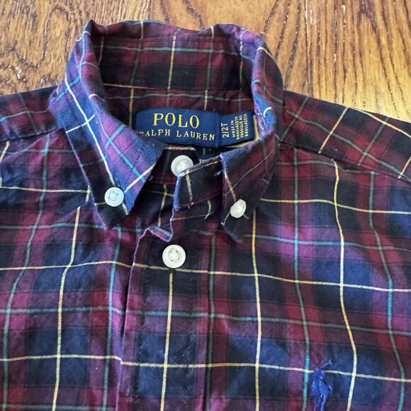 Polo Ralph Lauren Boys 2T Natural Stretch Navy Red Plaid Button Down Long Sleeve - Picture 3 of 7